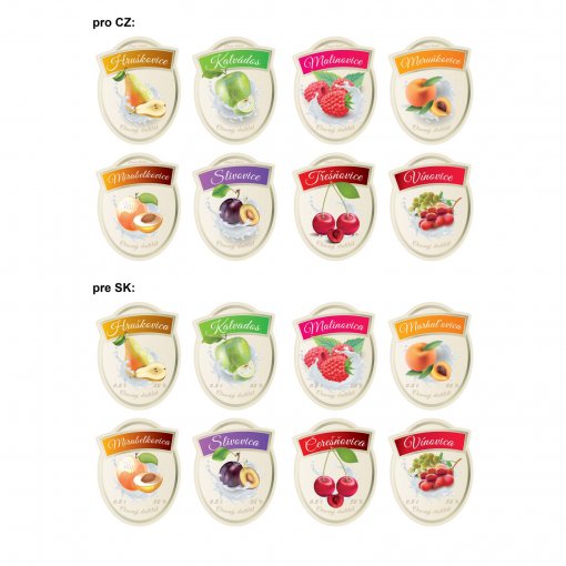 Tisk samolepky slivovice, kavlados, malinovice, meru�kovice, mirabelkovice, hru�kovice, t�e��ovice, v�novice