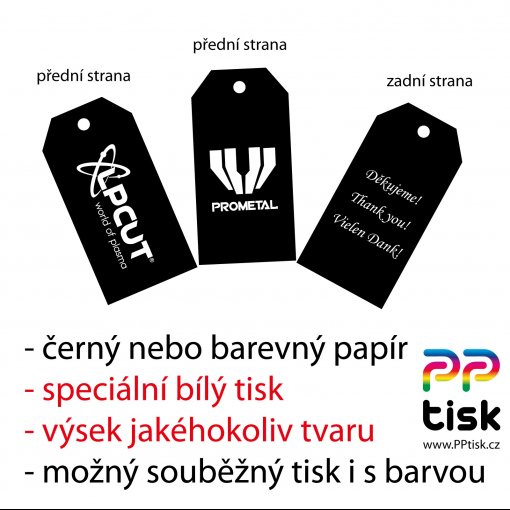 Tisk visačeky, závěsu na zboží s bílým potiskem